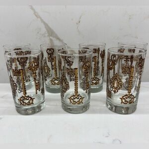 Vintage Set of 7 Libbey Raised Gold Skeleton Key Glasses 1960s MCM